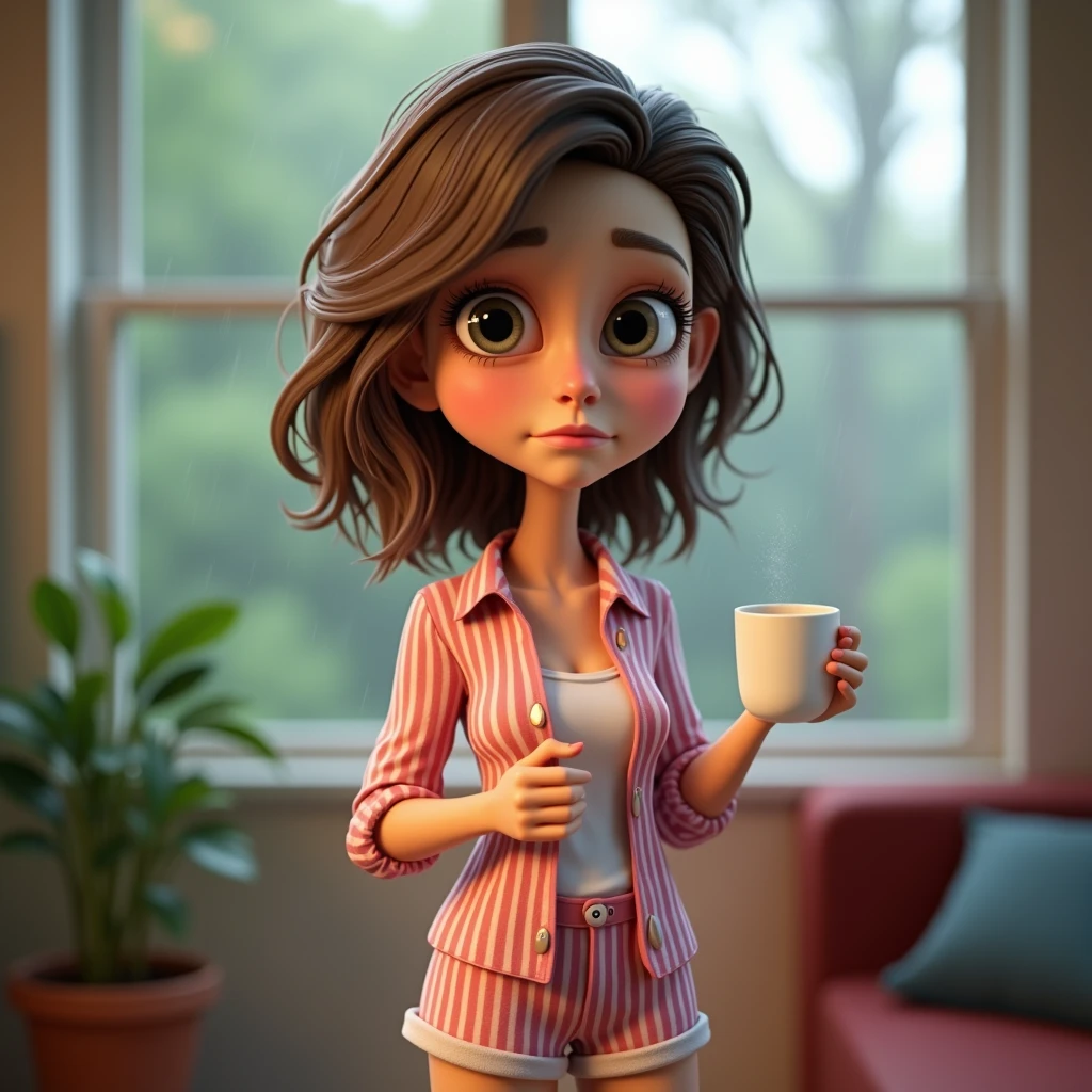 create image of A 3D caricature rendering by Autodesk Maya of a semi-realistic characte. a young woman with brown hair wears a pink striped shirt with a white shirt and matching shorts. She was holding a cup of coffee, her hair very messy and looking outside with a slightly sad face. It was raining outside and the background was a blur of the house and the trees. For advertising big head, 
