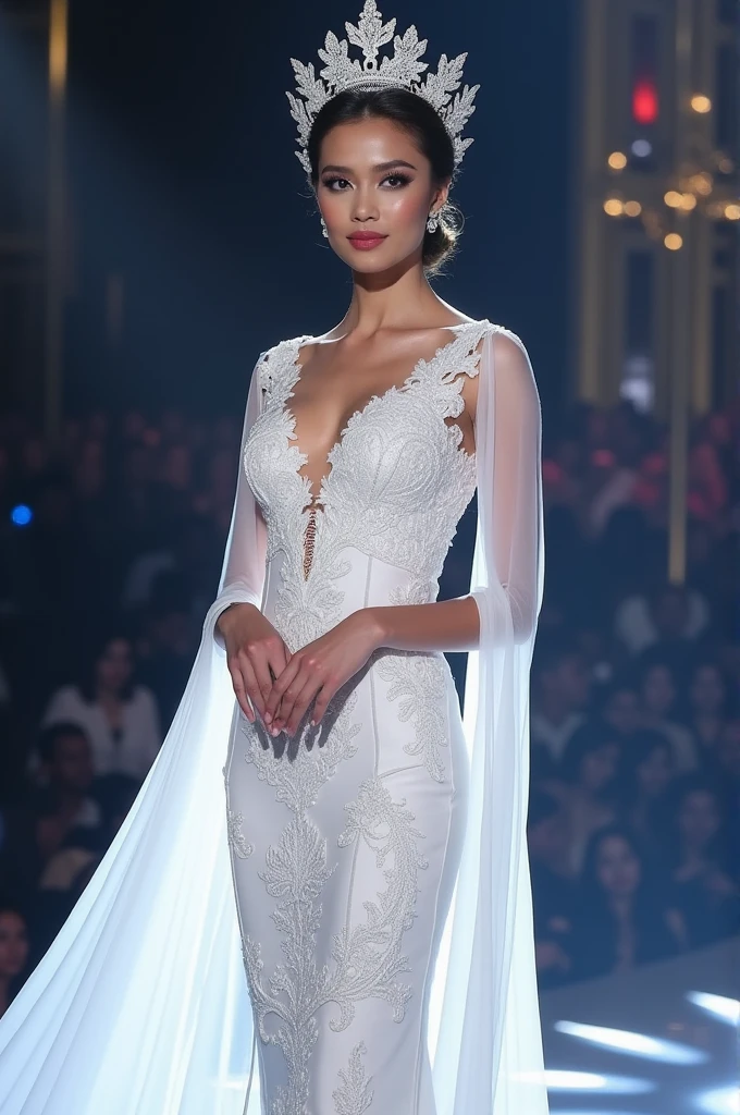 Miss universe, white long kebaya brookat dress, at miss universe stage, wear crown, elegant, beautiful, slim, don't smile. Sharp eyes, cool.