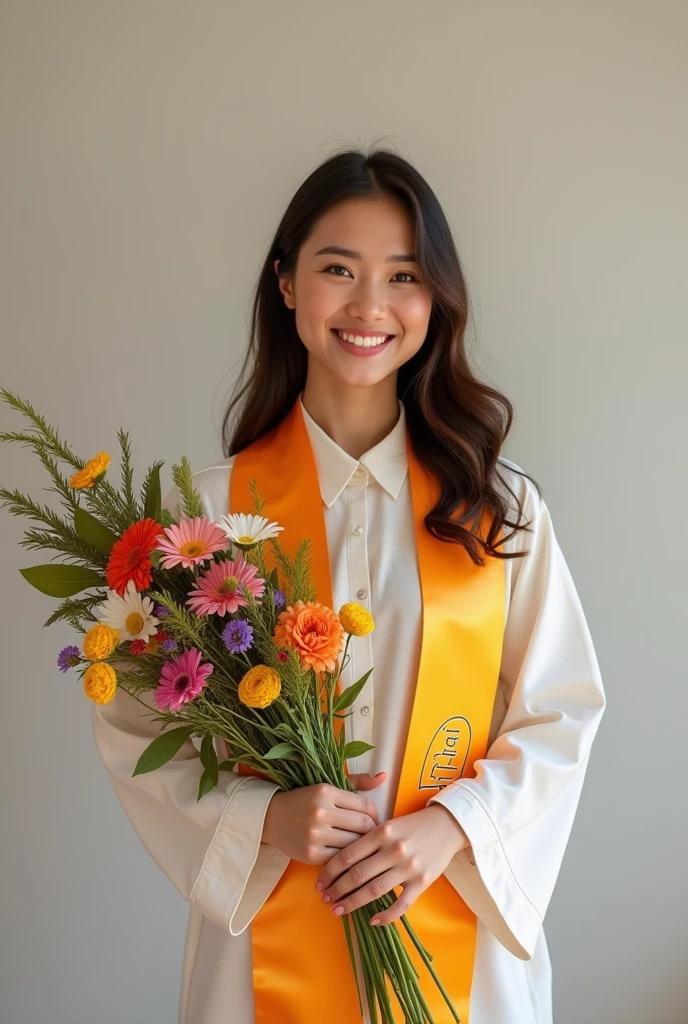 Photo of a woman graduating holding a bouquet and a sash with the name Fitri written on it, S. Come on 