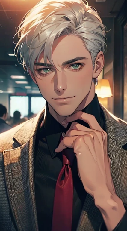 (Highest quality,4K,8K,High resolution,masterpiece:1.2),Super detailed,(Realistic,photoRealistic,photo-Realistic:1.37),1 personld,Mature Men,Beautiful skin、very handsome,Expressionless smile in love,Short white hair,green eyes,Sharp Eyes,A perfect face without a doubt,Businessman, CEO, Office Background,Cinema Lighting,HDR image,tie、