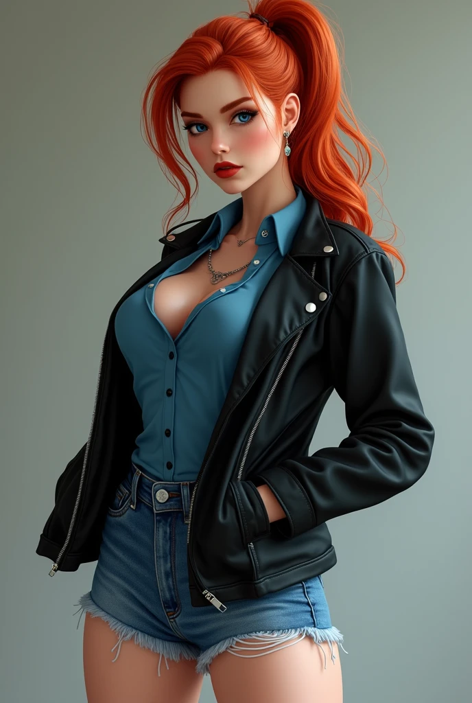 Redhead Woman with Big hips, blue shorts, black jacket and blue shirt with ponytail
