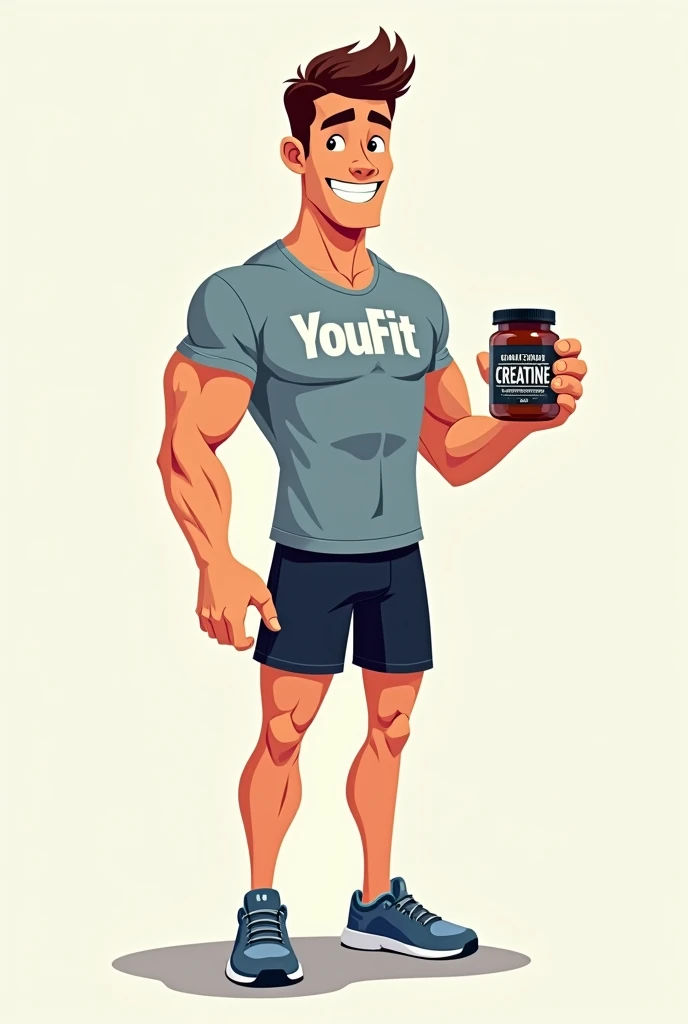 CARTOON MAN IN GYM CLOTHES WITH A T-SHIRT THAT SAYS YOUFIT WITH A JAR OF CREATINE IN HIS HAND