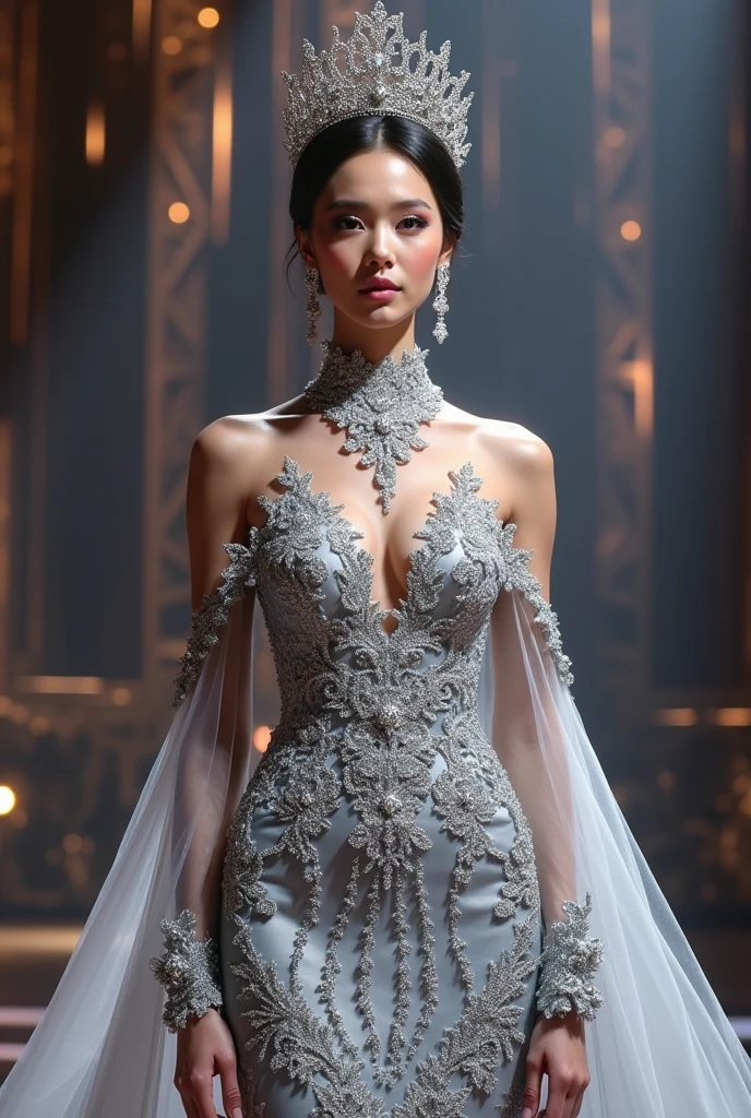 Miss universe, silver long kebaya brookat dress, at miss universe stage, wear crown, elegant, beautiful, slim, don't smile. Sharp eyes, cool.