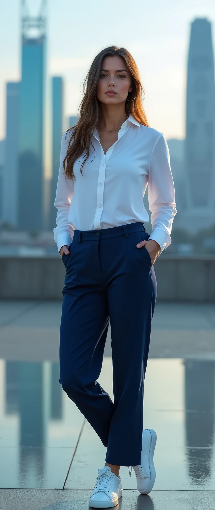 (masterpiece:1.2,Exceptional Quality,mirror-like,Cinematic Experience,Photorealistic,Photorealistic,RAW Photos),8k,wallpaper,(White shirt:2.0),(Navy blue chinos:2.0),(White sneakers:2.0),(The background is the city:2.0),(Cool woman:2.0)
