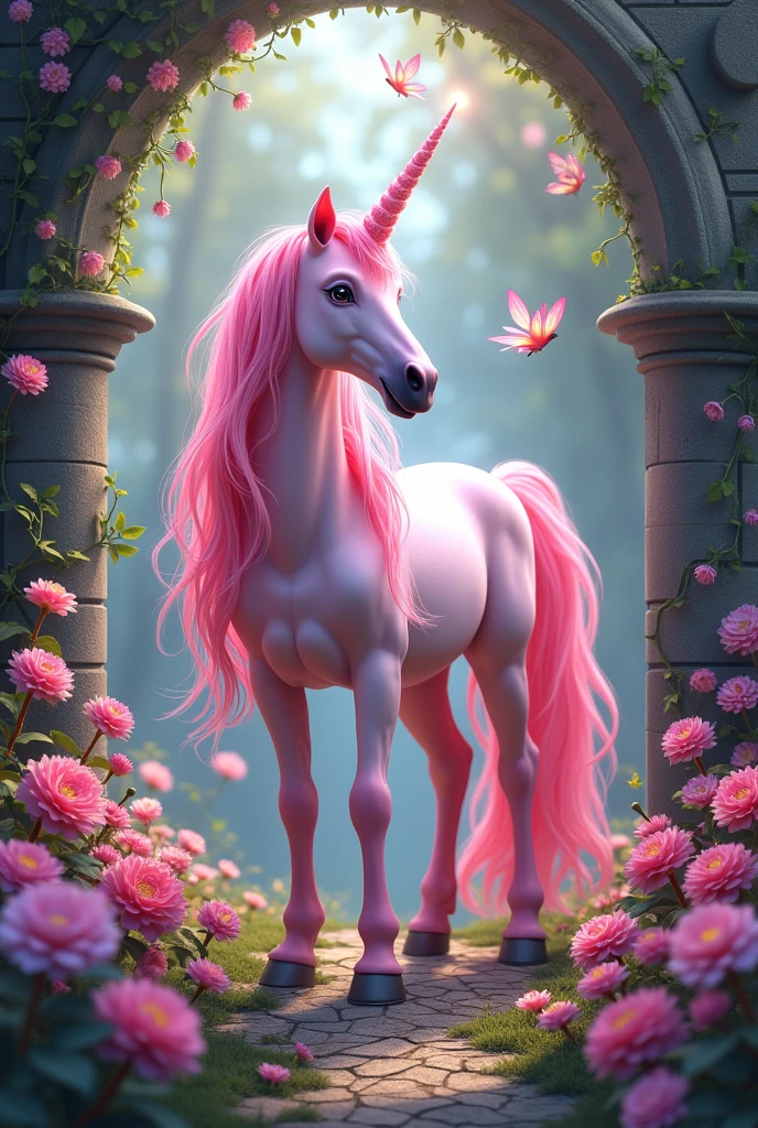 Pink unicorn in enchanted garden with flowers