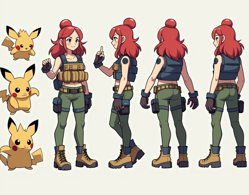 Sonia,pokemon,Standing Girl, cute, 1 girl, , 4-sided design, Diagonals, front, back, profile, Head to body ratio 5, character sheet, whole body, simple background, Four perspectives, tactical gear, bulletproof vest, Good quality, high detail, researcher,Pokemon bowser,ultra detailed, masterpiece, best quality, aesthetic, detailed