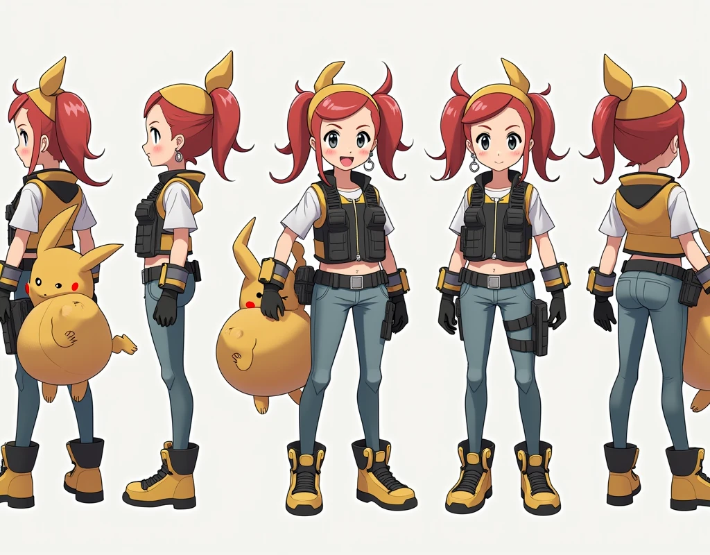 Sonia,pokemon,Standing Girl, cute, 1 girl, , 4-sided design, Diagonals, front, back, profile, Head to body ratio 5, character sheet, whole body, simple background, Four perspectives, tactical gear, bulletproof vest, Good quality, high detail, researcher,Pokemon bowser,ultra detailed, masterpiece, best quality, aesthetic, detailed