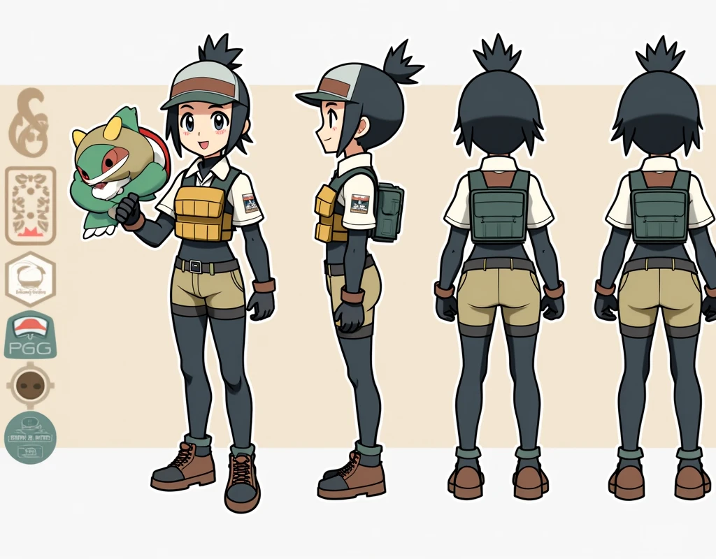 Sonia,pokemon,Standing Girl, cute, 1 girl, , 4-sided design, Diagonals, front, back, profile, Head to body ratio 5, character sheet, whole body, simple background, Four perspectives, tactical gear, bulletproof vest, Good quality, high detail, researcher,Pokemon bowser,ultra detailed, masterpiece, best quality, aesthetic, detailed