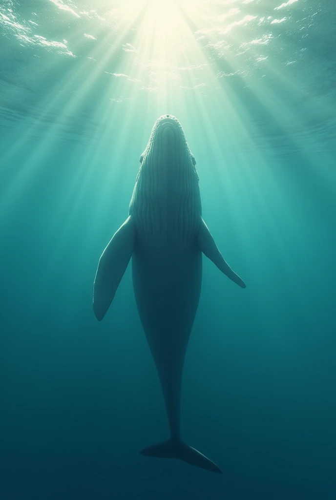 You can see the sea and the sun is shining we are slightly below the water level and you can see a whale on the way up and the sea is bright