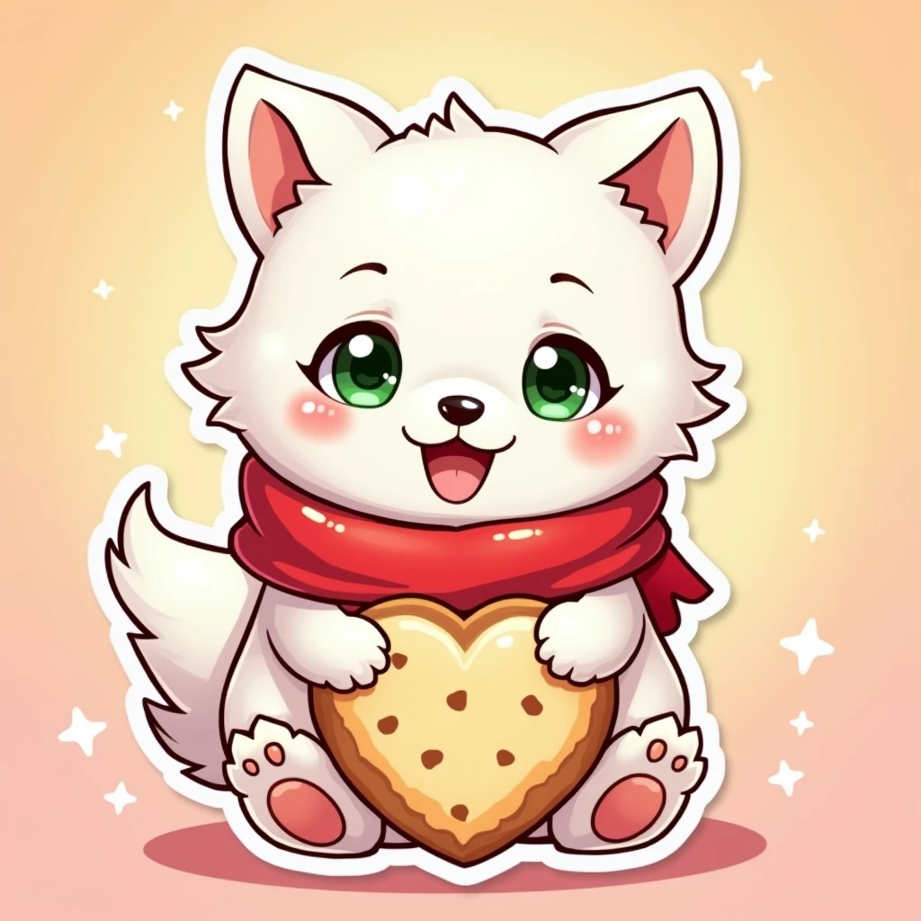 Colorful kawaii sticker, front view of a white wolf cub holding a big heart-shaped creamy cookie, emerald eyes, red scarf, warm gradient background