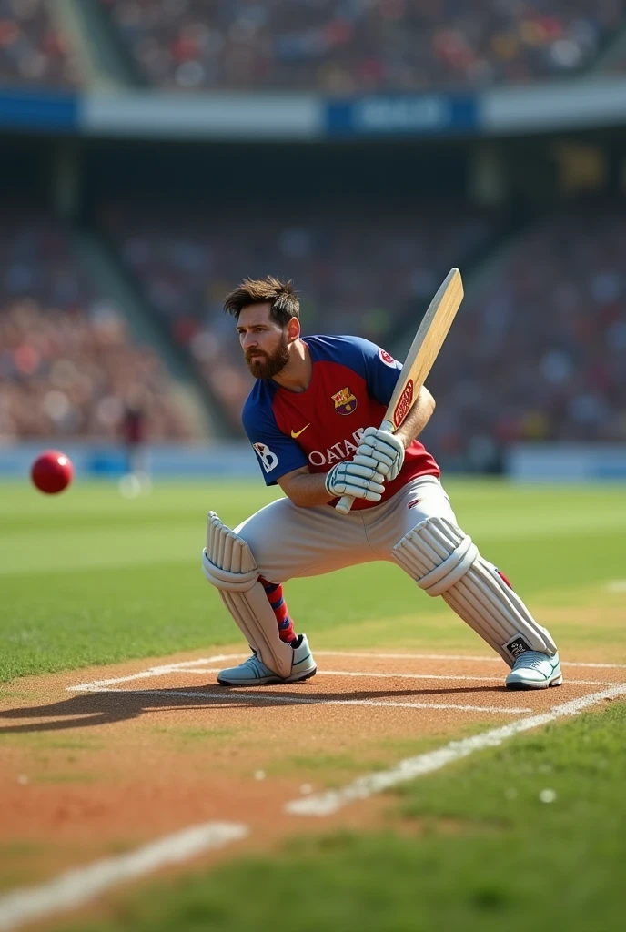 Messi is bating the small cricket ball with the bat