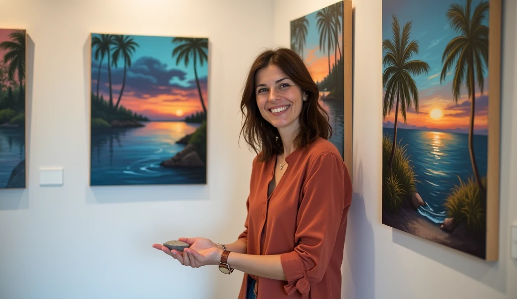 Background: A gallery setting or a display wall within her studio, showcasing Leena’s new, vibrant paintings. The artwork is alive with color and emotion, depicting various scenes that capture deep human experiences and the beauty of nature.
Style: Illustrative with bold, rich colors that pop, capturing the evolution of Leena’s artistic style. The lighting is bright and focused on the paintings, highlighting their new vibrancy and emotional depth.
Leena: Standing proudly in front of her displayed art, looking at the pieces with a fulfilled expression. She is neatly dressed, reflecting her renewed confidence and self-care. Her smile is genuine and content, showing her satisfaction not just with her art, but with herself. She holds the small stone in her hand or keeps it subtly visible, symbolizing the balance she has achieved