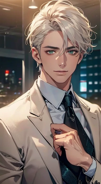 (Highest quality,4K,8K,High resolution,masterpiece:1.2),Super detailed,(Realistic,photoRealistic,photo-Realistic:1.37),1 personld,Mature Men,Beautiful skin、very handsome,Expressionless smile in love,Short white hair,green eyes,Sharp Eyes,A perfect face without a doubt,Businessman, CEO, Office Background,Cinema Lighting,HDR image,tie、