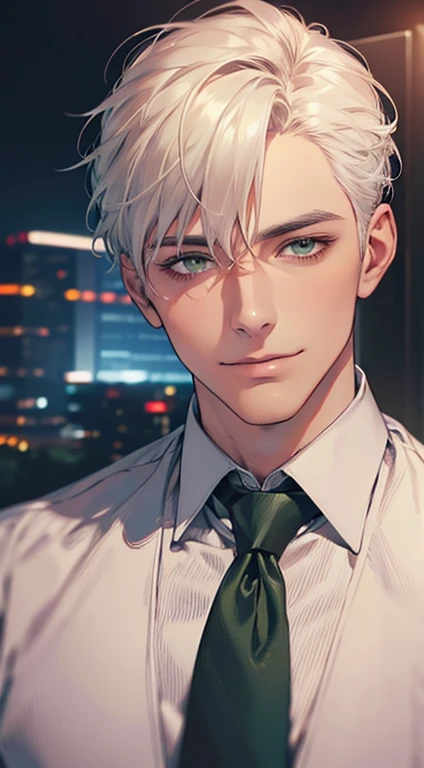 (Highest quality,4K,8K,High resolution,masterpiece:1.2),Super detailed,(Realistic,photoRealistic,photo-Realistic:1.37),1 personld,Mature Men,Beautiful skin、very handsome,Expressionless smile in love,Short white hair,green eyes,Sharp Eyes,A perfect face without a doubt,Businessman, CEO, Office Background,Cinema Lighting,HDR image,tie、