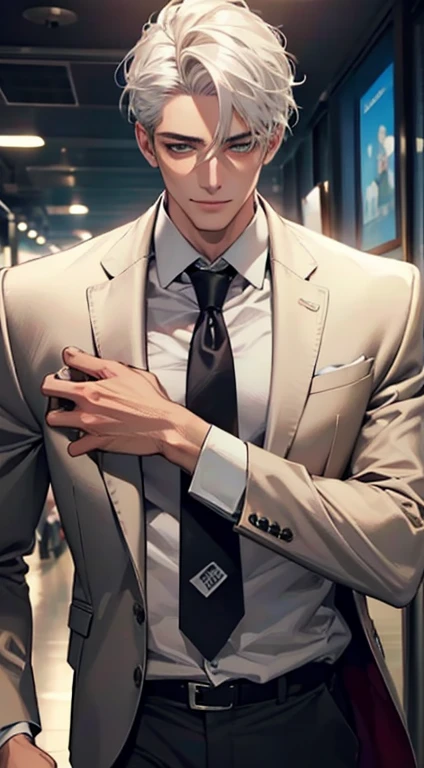 (Highest quality,4K,8K,High resolution,masterpiece:1.2),Super detailed,(Realistic,photoRealistic,photo-Realistic:1.37),1 personld,Mature Men,Beautiful skin、very handsome,Expressionless smile in love,Short white hair,green eyes,Sharp Eyes,A perfect face without a doubt,Businessman, CEO, Office Background,Cinema Lighting,HDR image,tie、