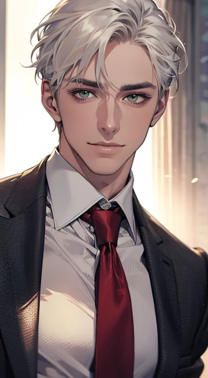 (Highest quality,4K,8K,High resolution,masterpiece:1.2),Super detailed,(Realistic,photoRealistic,photo-Realistic:1.37),1 personld,Mature Men,Beautiful skin、very handsome,Expressionless smile in love,Short white hair,green eyes,Sharp Eyes,A perfect face without a doubt,Businessman, CEO, Office Background,Cinema Lighting,HDR image,tie、
