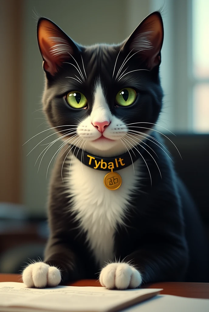 Un chat tuxedo aux yeux verts avec un collier où il est écrit Tybalt. Avec une béquille. En comptable. 