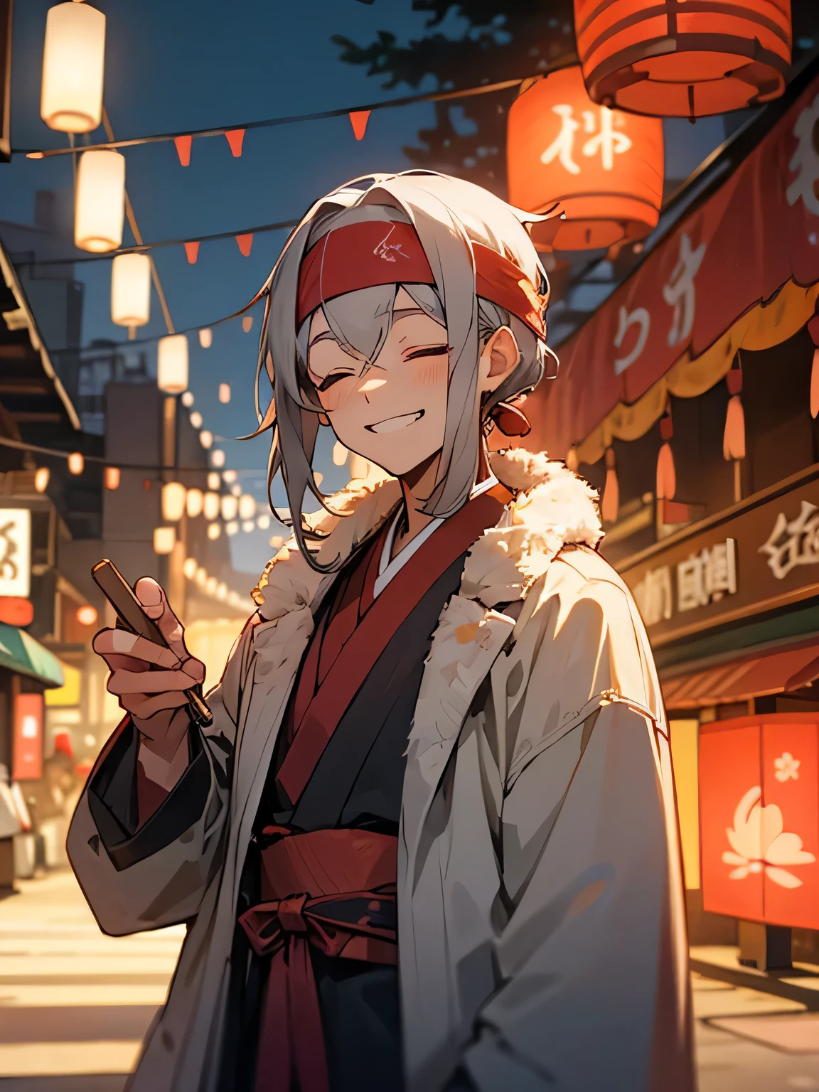 solo, upperbody, gray hair, happi coat, headband, man, closed eyes smile, grin, night festival, Japanese festival, lanterns, night shop street,