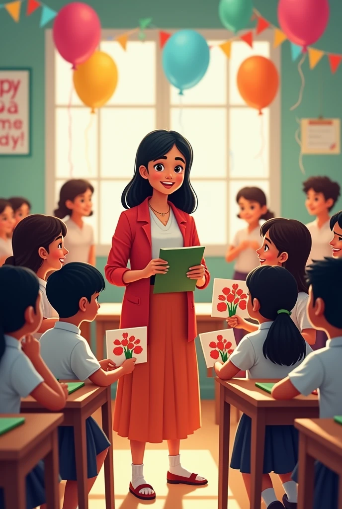 Design a lively and heartwarming image of a Teacher's Day celebration set in an Indian school. The scene should take place in a bright, cheerful classroom decorated with colorful balloons, streamers, and posters that say "Happy Teacher's Day." The students, ranging from young children to teenagers, are dressed in neat school uniforms, smiling and excited. Some are presenting handmade cards, flowers, and small gifts to their teacher, who stands at the front of the room, pleasantly surprised and deeply touched.