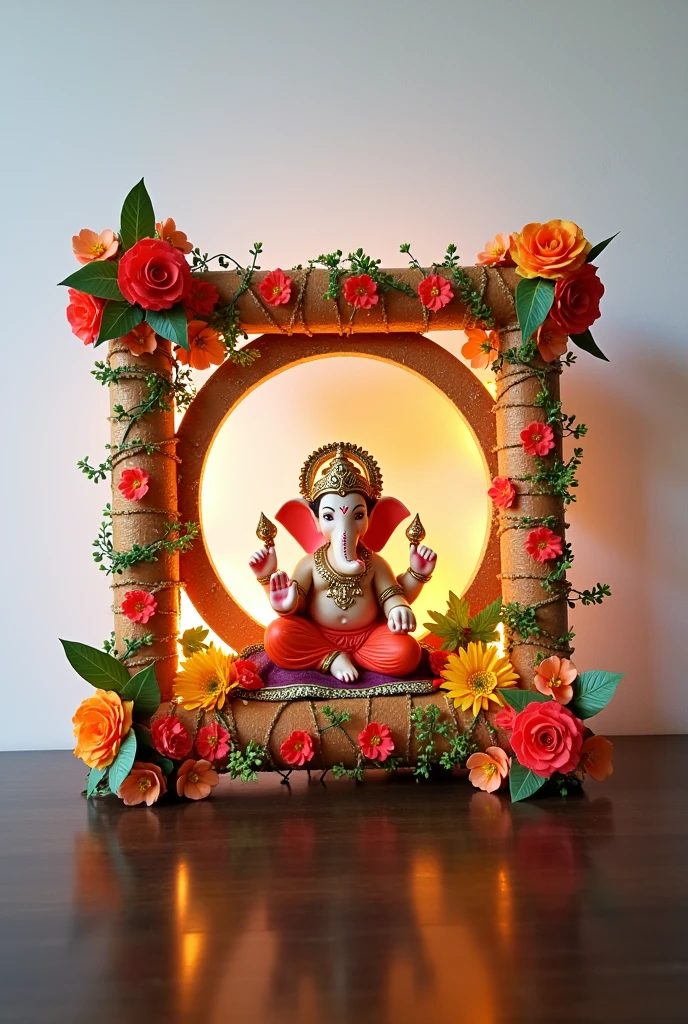 In the background of Ganapati decoration , build a structure with the help of pvc pipes as square shape frame and in the pvc square create circle which is smaller than pvc frame . And decorate the all design with the help of artificial flowers, LED light series. Size of circle is 2 ft and pvc frame size is 3 ft .My background wall colour is white and all Decorate the top of the PVC pipe and apply colorful cloth on the inner circle and decorate with flowers and garlands and decorate with LED lights inside the inner circle. This all the decorations is on the table .Generate picture I'm giving the all measurements plz create accordingly that , and the ganesha murti is up to 1.5 to 2 ft big