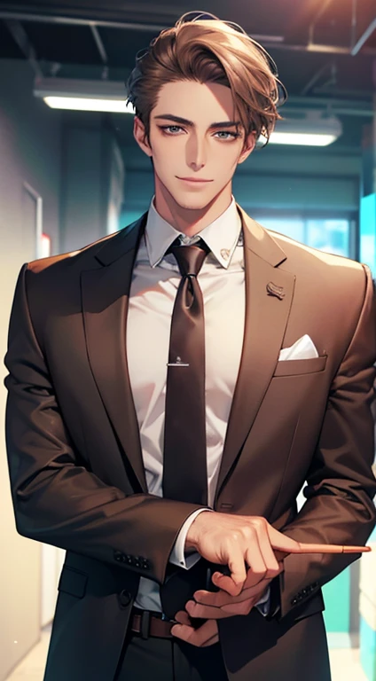 (Highest quality,4K,8K,High resolution,masterpiece:1.2),Super detailed,(Realistic,photoRealistic,photo-Realistic:1.37),1 personld,Mature Men,Beautiful skin、very handsome,Expressionless smile in love,Short gray brown hair,green eyes,Sharp Eyes,A perfect face without a doubt,Businessman, CEO, Office Background,Cinema Lighting,HDR image,tie、