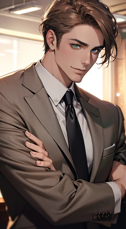 (Highest quality,4K,8K,High resolution,masterpiece:1.2),Super detailed,(Realistic,photoRealistic,photo-Realistic:1.37),1 personld,Mature Men,Beautiful skin、very handsome,Expressionless smile in love,Short gray brown hair,green eyes,Sharp Eyes,A perfect face without a doubt,Businessman, CEO, Office Background,Cinema Lighting,HDR image,tie、