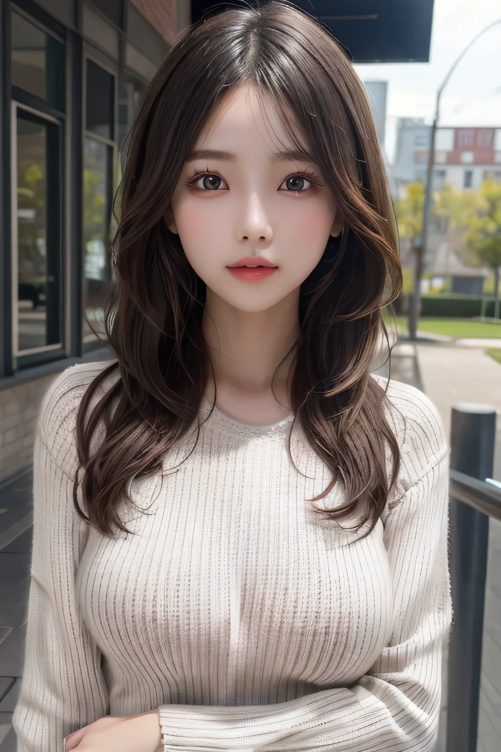 One girl, 1st,Highest quality,High resolution,超High resolution,8k,Realistic,Upper Body,encounter_Audience,Large Breasts, The body is slim,(Knitted sweater:1.2)