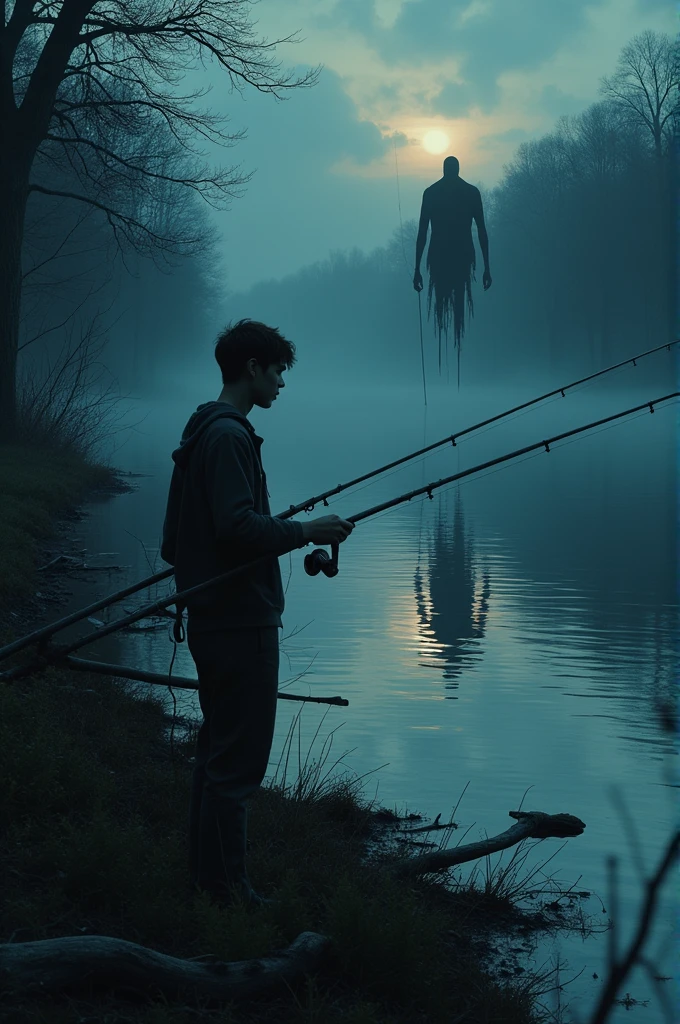 A young man is fishing on the river bank at a spooky dusk while being watched by a black body figure from the river.