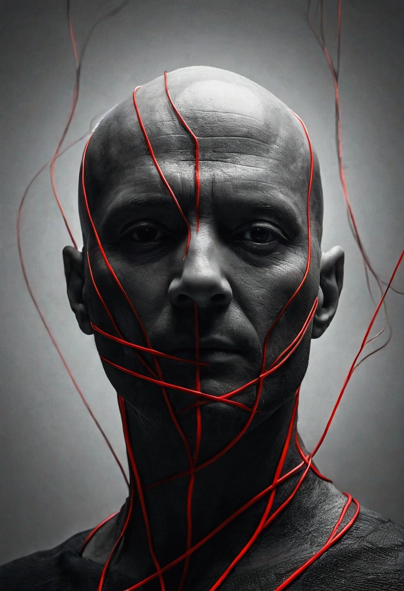 make a man 1 meter and 81 centimeters tall, bald and faceless and this man will be looking up. Around this man there will be only black darkness and red lines in this darkness., man will have only white light emanating from him to protect him.