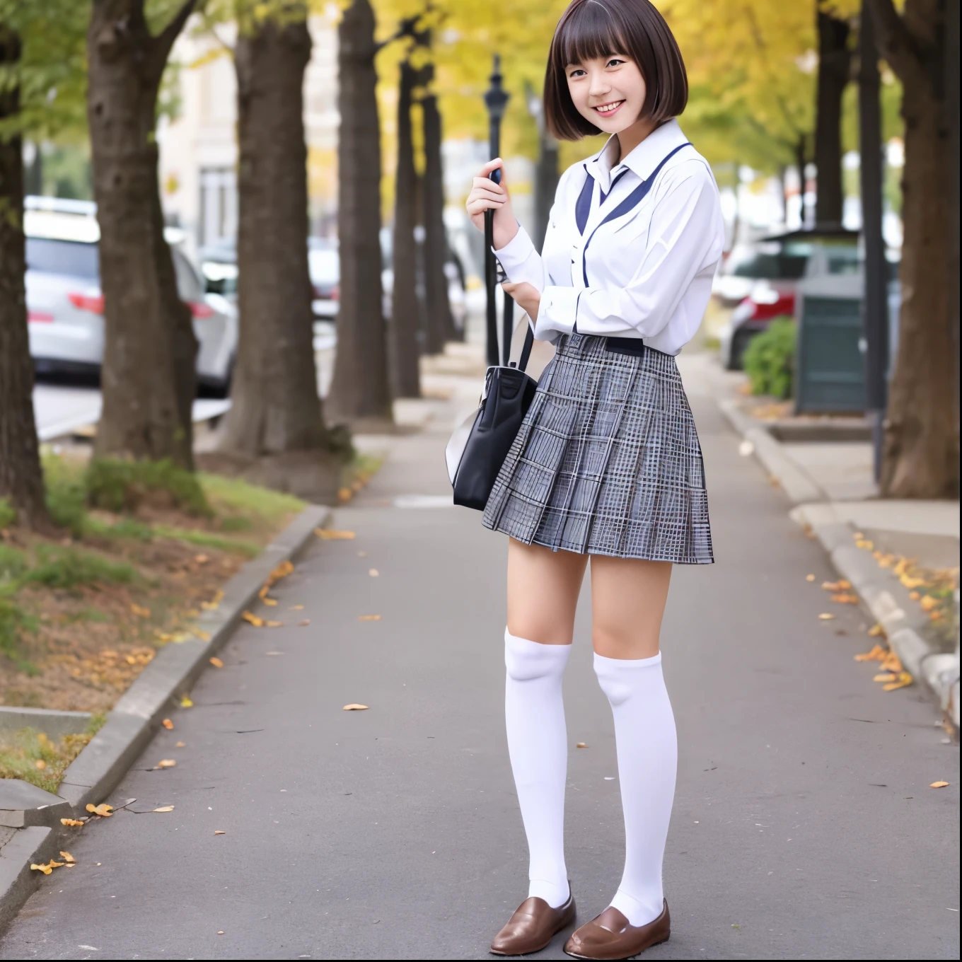 high school girl、Sprint、uniform、skirt、Knee-high socks、loafers、In town、smile、Brown Bob、One person