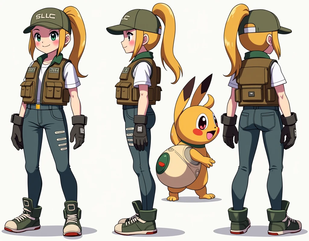 Sonia,pokemon,Standing Girl, cute, 1 girl, , 4-sided design, Diagonals, front, back, profile, Head to body ratio 5, character sheet, whole body, simple background, Four perspectives, tactical gear, bulletproof vest, Good quality, high detail, researcher,Pokemon bowser,ultra detailed, masterpiece, best quality, aesthetic, detailed