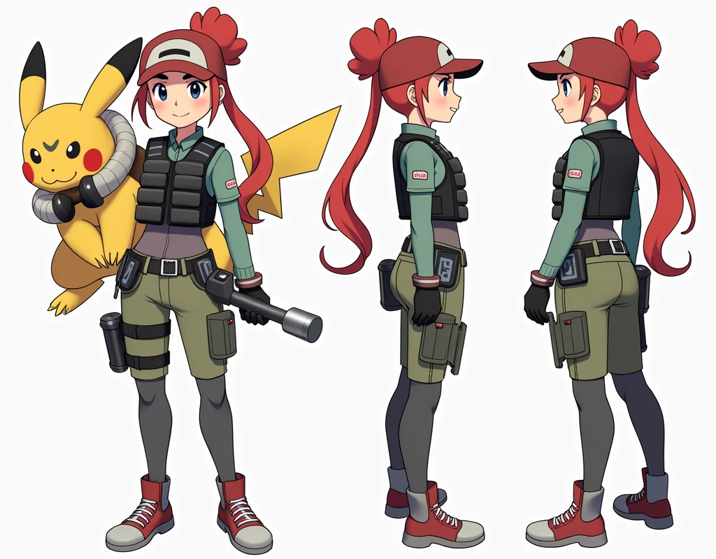 Sonia,pokemon,Standing Girl, cute, 1 girl, , 4-sided design, Diagonals, front, back, profile, Head to body ratio 5, character sheet, whole body, simple background, Four perspectives, tactical gear, bulletproof vest, Good quality, high detail, researcher,Pokemon bowser,ultra detailed, masterpiece, best quality, aesthetic, detailed