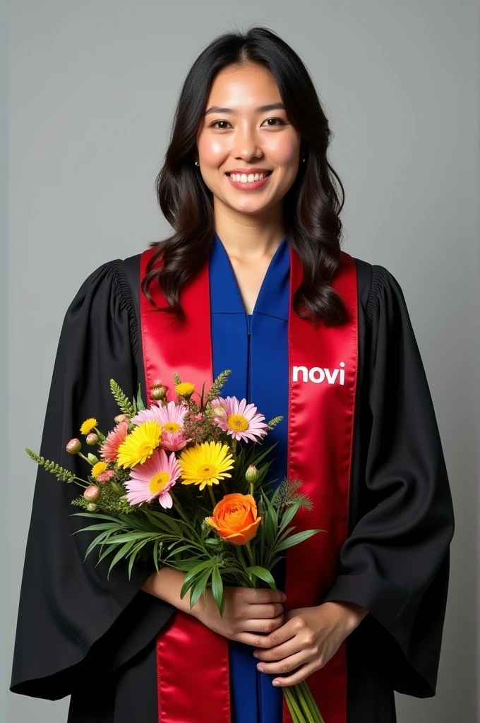 Graduation photo of a woman wearing a toga holding a bouquet and a red sash with the words Novi written on it, s. The graduation gown and gown are black with a blue neck.