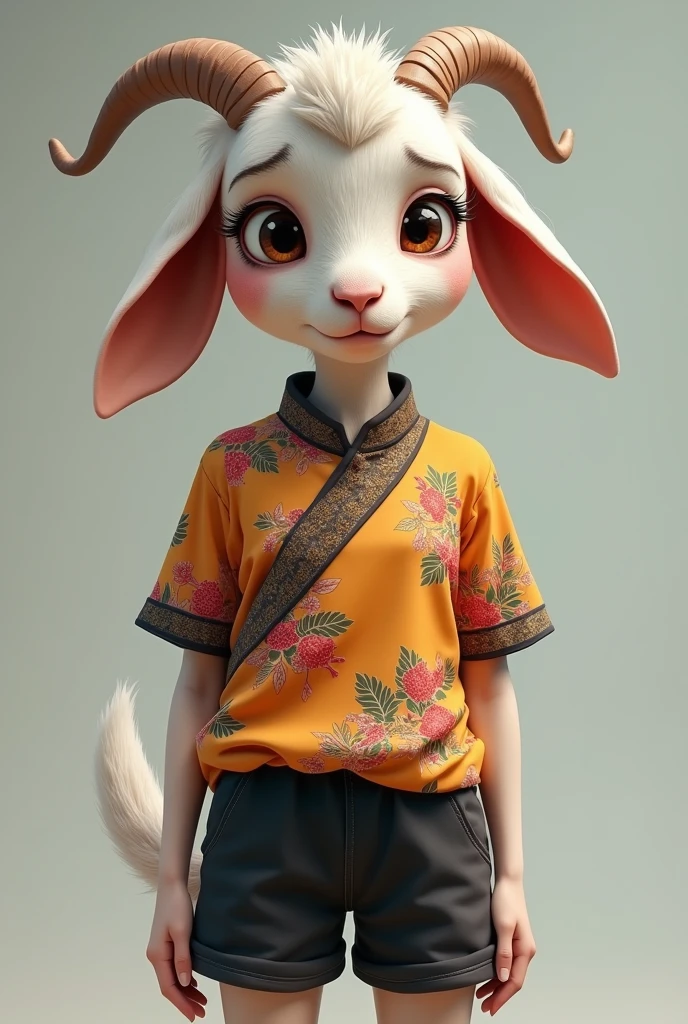 Create an image of a goat wearing black shorts and a Thai shirt, make her look sad