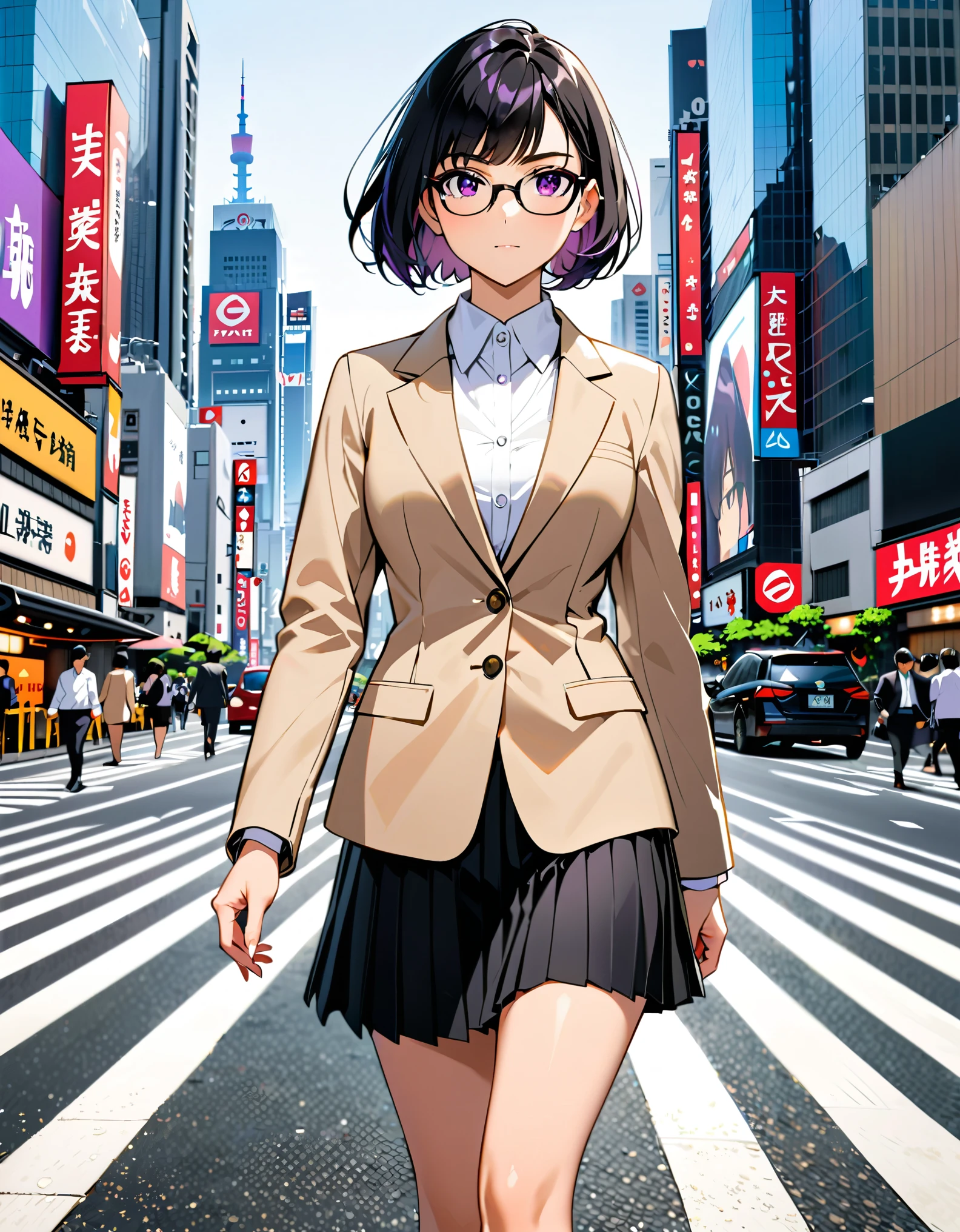 (masterpiece), (best quality), (medium breasts), solo, (jet black hair, short hair, bob hair, purple eyes, bangs), (full body), city backdrop, tokyo city backdrop, solo, solo focus, walking, beige suit jacket, glasses, white shirt, collared shirt, black pleated skirt, matching black shoes, (perfect hands, perfect ???????), cowboy shot, superhero, ((beautiful detailed eyes)).