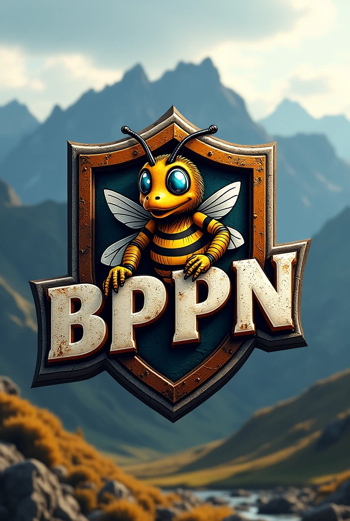 3d text logo of mountain bike club with the words "MTB Bppn" using a bee mascot inside a shield