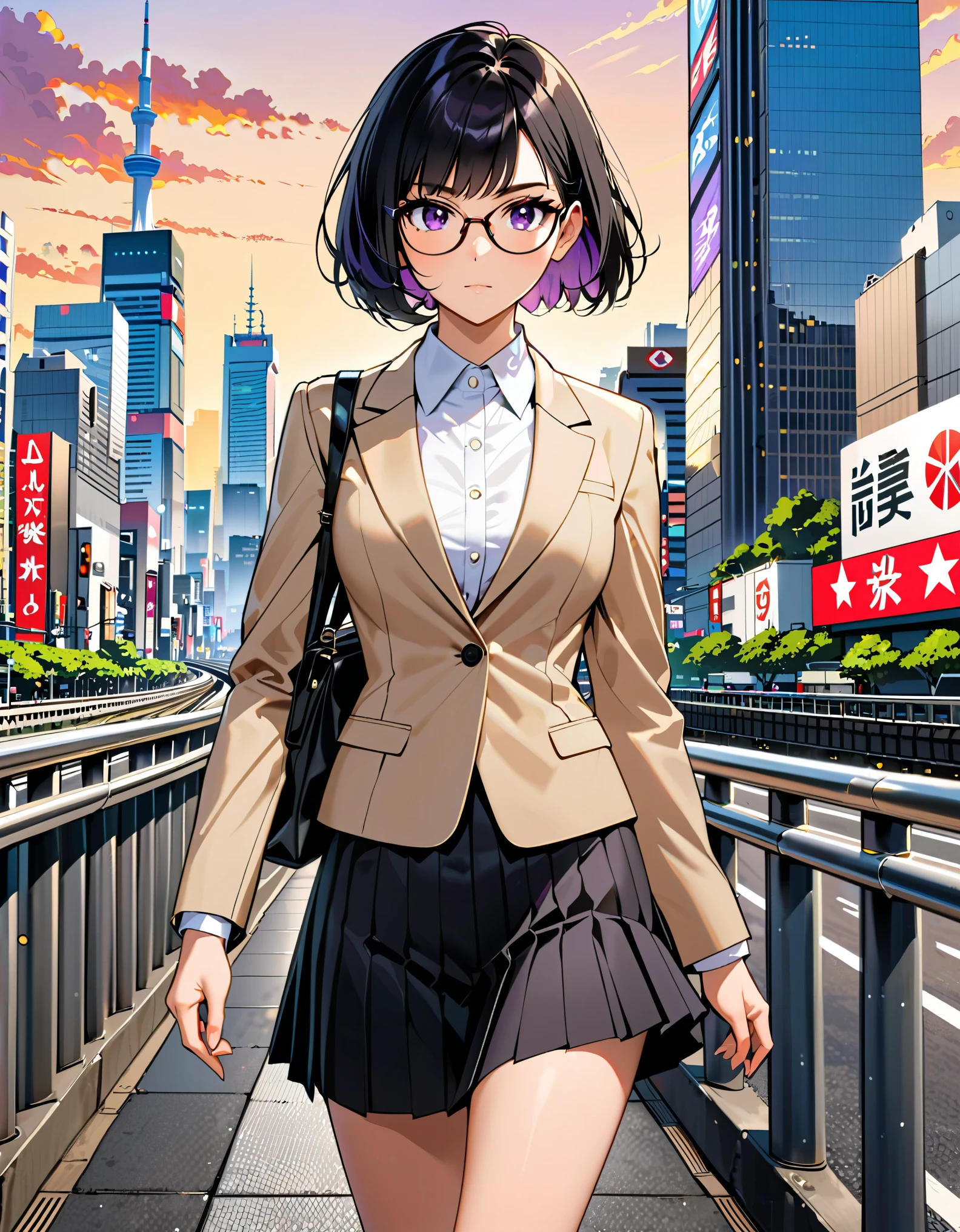 (masterpiece), (best quality), (medium breasts), solo, (jet black hair, short hair, bob hair, purple eyes, bangs), (full body), city backdrop, tokyo city backdrop, solo, solo focus, walking, beige suit jacket, glasses, white shirt, collared shirt, black pleated skirt, matching black shoes, (perfect hands, perfect anatomy), cowboy shot, superhero, ((beautiful detailed eyes)).