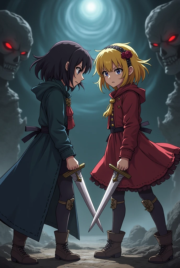 Made an undertale image with Chara and Frisk and made them both female and both of them holding knives ready to fight.