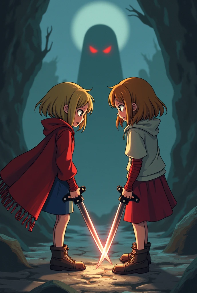 Made an undertale image with Chara and Frisk and made them both female and both of them holding knives ready to fight.