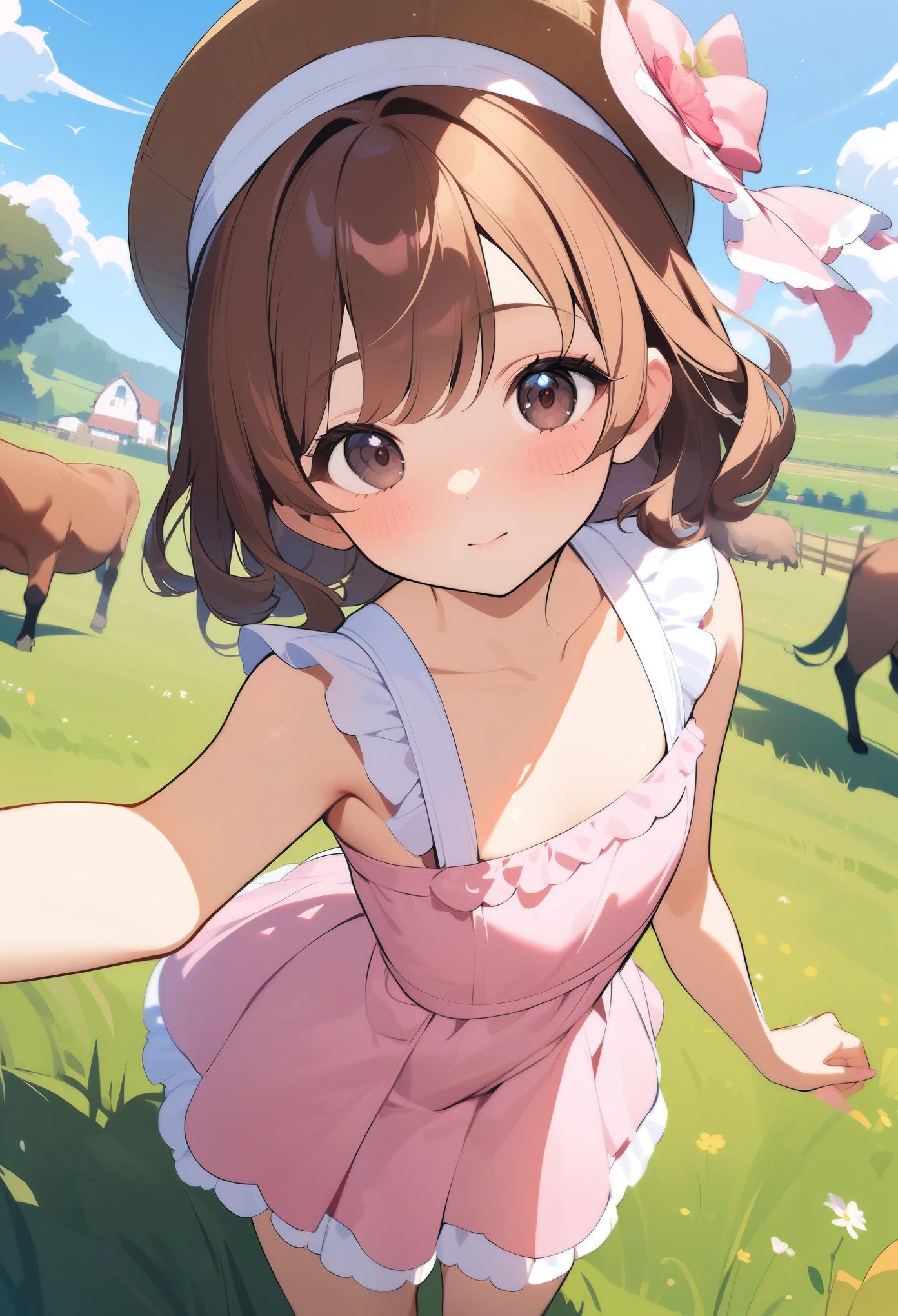 Drawn in {renaissance} style,{1girl},chaotic,creating,at close-up view,in scenery scene,adventurer profession,{black} eyes,brown bald hair,wearing pink sundress cloth,wearing fascinator,flat chest body,, masterpiece,best quality,ultra-detailed,farm，The skirt is transparent，You can see the chest