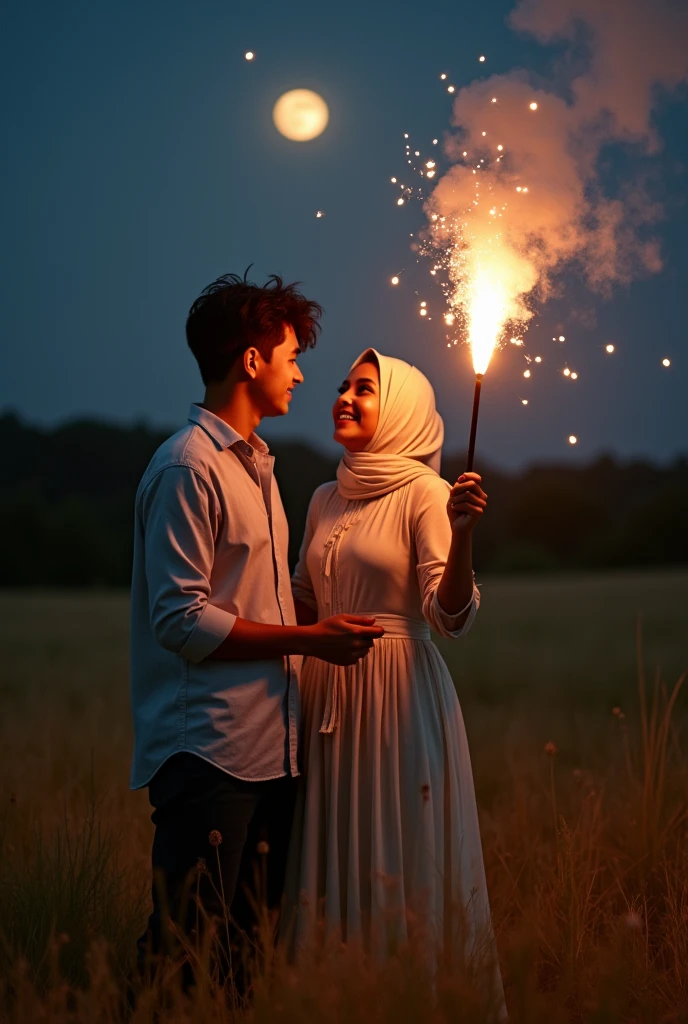 a young man shorty black messy haircut with a young hijab woman beside him, looking at camera,  both of them wear elegantly clothes, long jeans clothes, standing with celebrate good day on middle field grass, natural, happiness, at night, lighting lamp, moonlight, starlight, fireworks on the sky, holding with playing fireworks stick, real hyper realistic, real human japanese, UHD 8k, detailed photo, perfect face, detailed places, landscape, full body, photo was taken from a distance in the central city of roma italian