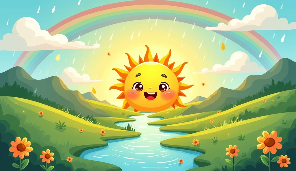 create a cartoon Up went the sun and dried up all the rain