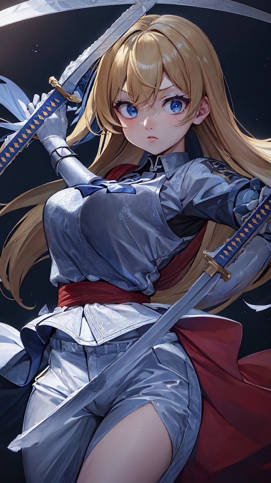 Anime girl with long blonde hair holding two swords in each hand, She has a sword, Artoria Pendragon, She has a sword, carrying a sword on one&#39;s shoulder, estilo anime KonoSuba, Practice your sword stance, Kitagawa Marine Fan Art, Kashert Kenz, With a big sword, KonoSuba