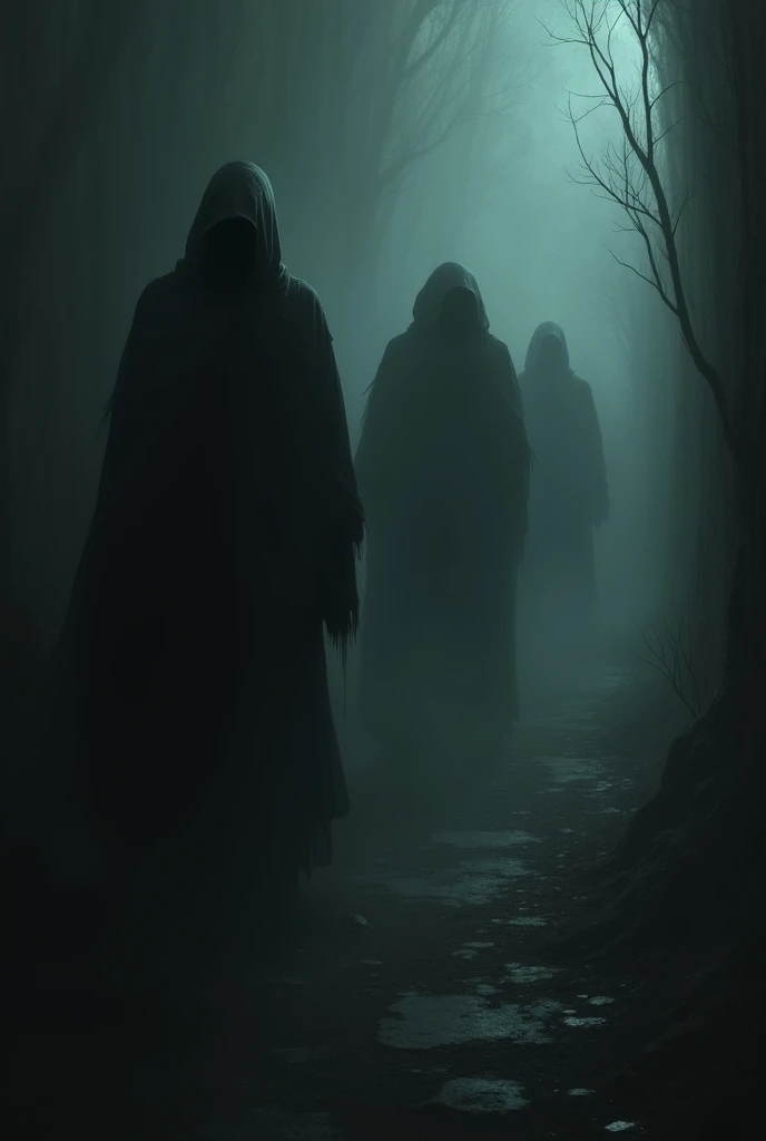 The entire scene is shrouded in a mysterious, haunting atmosphere, capturing the tension and fear of the night.