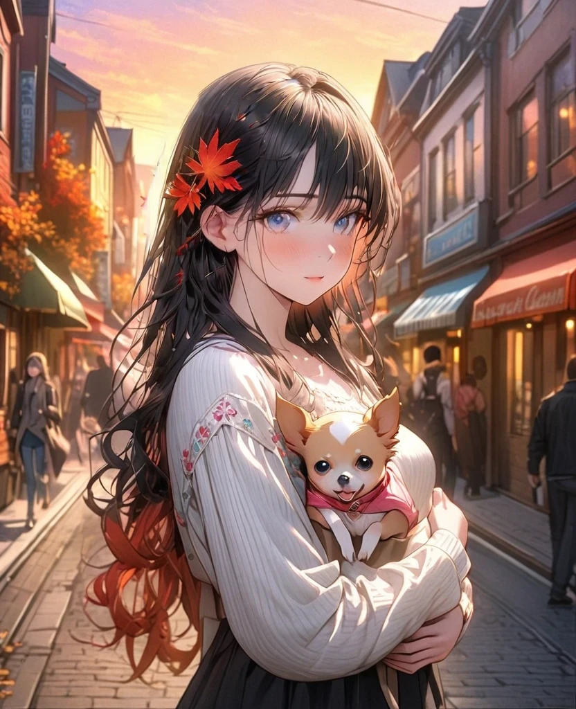 8k,Ephemeral beauty,Very delicate and beautiful,Beautiful and realistic skin,,Black Hair、Long and colorful hair,Beautiful Eyes,good,Beautiful sunset、dog(chihuahua)hug、dog cream color、Walking with dog、casual、autumn、In town