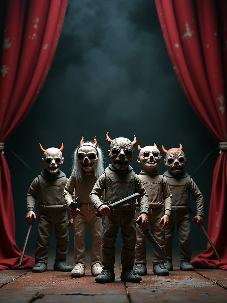 A photo of a dark horror theater with puppets and action figures from 1983. There are several puppets with demonic features, each holding a weapon. The puppets are arranged on a stage. The background contains a curtain and a few props. The lighting is dim.