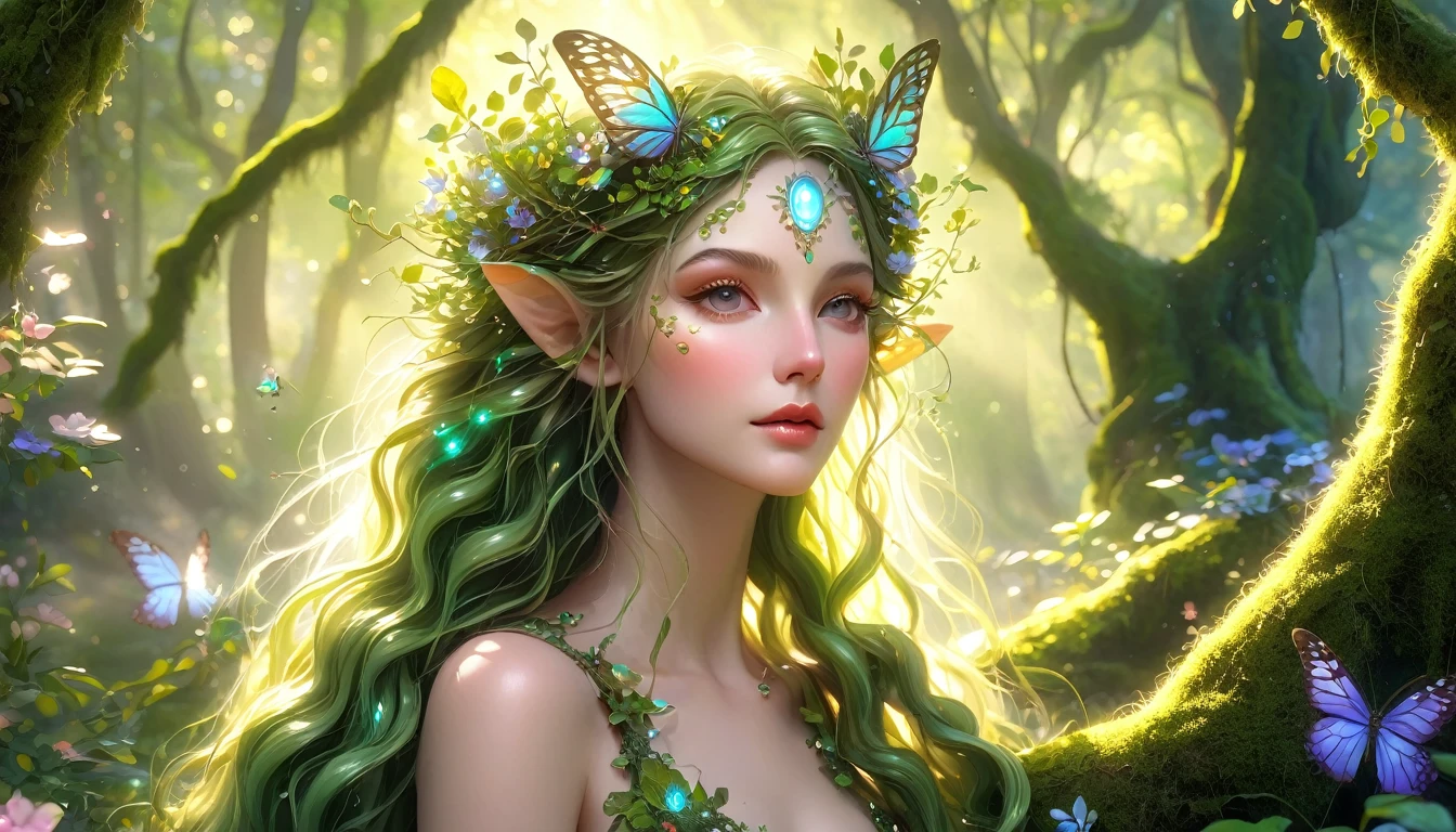 (Best quality,4K,8K,A high resolution,Masterpiece:1.2),Ultra-detailed,(Realistic,Photorealistic,photo-realistic:1.37),forest,Charming female dryad creature,Enchanting ethereal landscape,the lush vegetation,Majestic ancient trees,Magical sunlight shines through the branches,Soft glowing moss that covers the ground,Faintly transparent wings,Delicate flowers bloomed around her,The charming eyes radiate a soft glow,Serene expression,posing elegantly,Artistic interpretation,Subtle color palette,Enigmatic Atmosphere,Playful and whimsical elements,mesmerizing presence,The dryad blends in harmony with its surroundings,Immersive fantasy feeling,Natural, realistic lighting