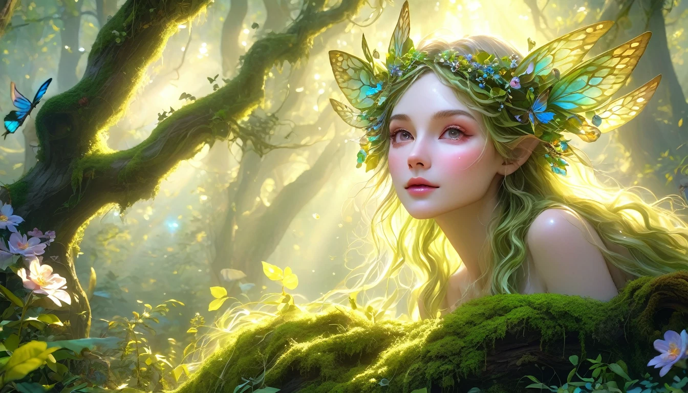 (Best quality,4K,8K,A high resolution,Masterpiece:1.2),Ultra-detailed,(Realistic,Photorealistic,photo-realistic:1.37),forest,Charming female dryad creature,Enchanting ethereal landscape,the lush vegetation,Majestic ancient trees,Magical sunlight shines through the branches,Soft glowing moss that covers the ground,Faintly transparent wings,Delicate flowers bloomed around her,The charming eyes radiate a soft glow,Serene expression,posing elegantly,Artistic interpretation,Subtle color palette,Enigmatic Atmosphere,Playful and whimsical elements,mesmerizing presence,The dryad blends in harmony with its surroundings,Immersive fantasy feeling,Natural, realistic lighting