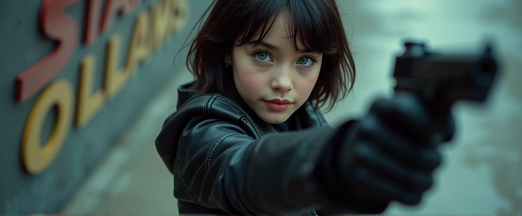 Captured from a high-angle, eye-level perspective, a medium-sized girl, dressed in a black leather jacket, holds a gun in her right hand. Her left hand is raised in the air, while her right arm rests on her hip. Her right arm is draped over her shoulder, adding a pop of color to the scene. The girl's hair is a dark brown, with bangs, and she's looking off to the side. Her eyes are a piercing blue, and her lips are a lighter shade of brown. Her hair is styled in a bob, with a slight smile on her face. The backdrop is blurred in the background there is 3D text that reads "Star Wars Outlaws" in the background at the top of the picture, creating a stark contrast to the girl.