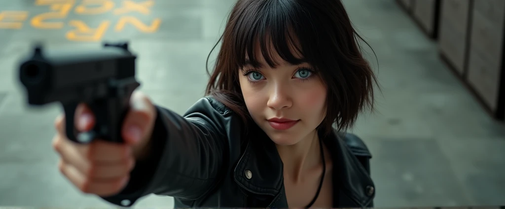 Captured from a high-angle, eye-level perspective, a medium-sized girl, dressed in a black leather jacket, holds a gun in her right hand. Her left hand is raised in the air, while her right arm rests on her hip. Her right arm is draped over her shoulder, adding a pop of color to the scene. The girl's hair is a dark brown, with bangs, and she's looking off to the side. Her eyes are a piercing blue, and her lips are a lighter shade of brown. Her hair is styled in a bob, with a slight smile on her face. The backdrop is blurred in the background there is 3D text that reads "Star Wars Outlaws" in the background at the top of the picture, creating a stark contrast to the girl.